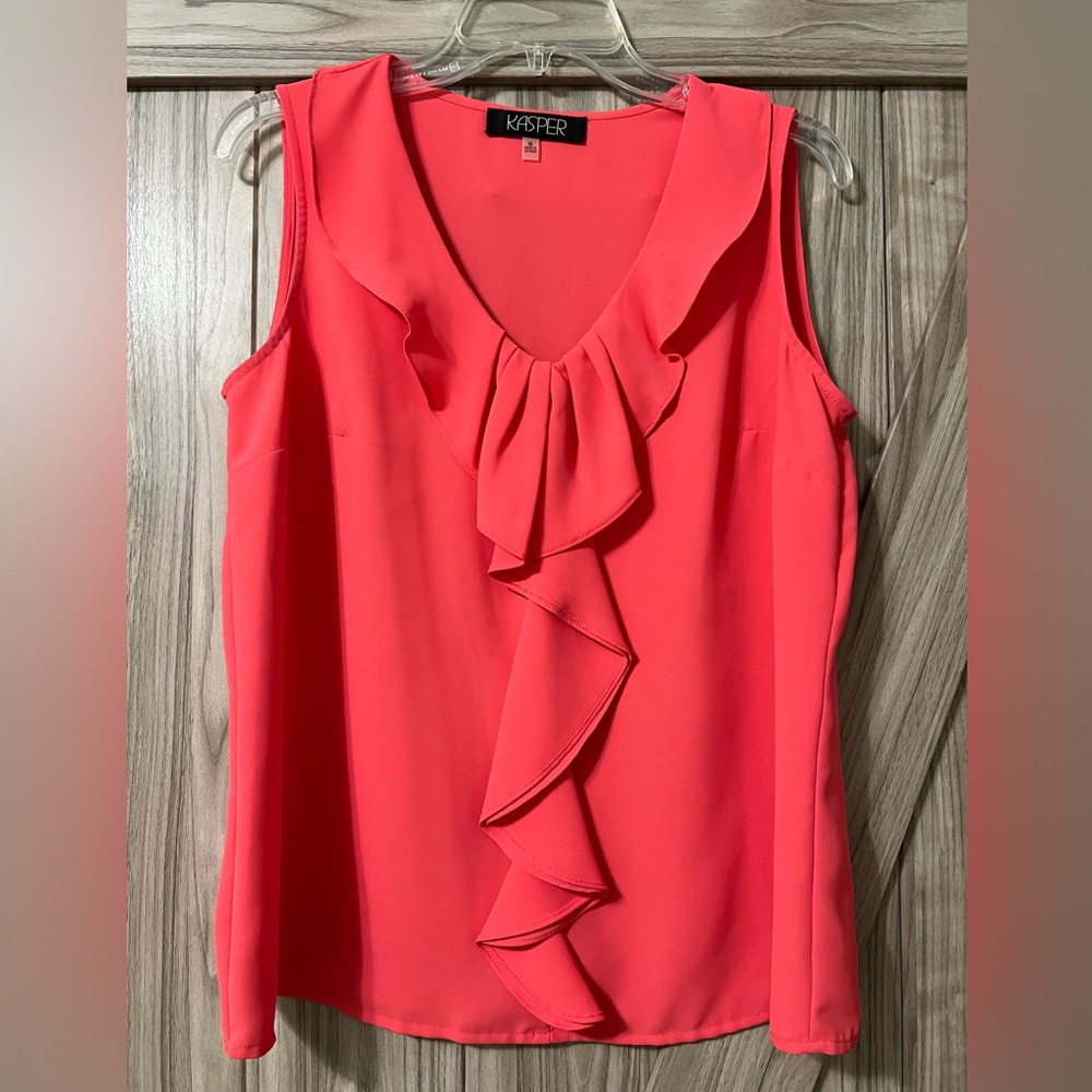 Kasper Coral Ruffle V-Neck Sleeveless Blouse